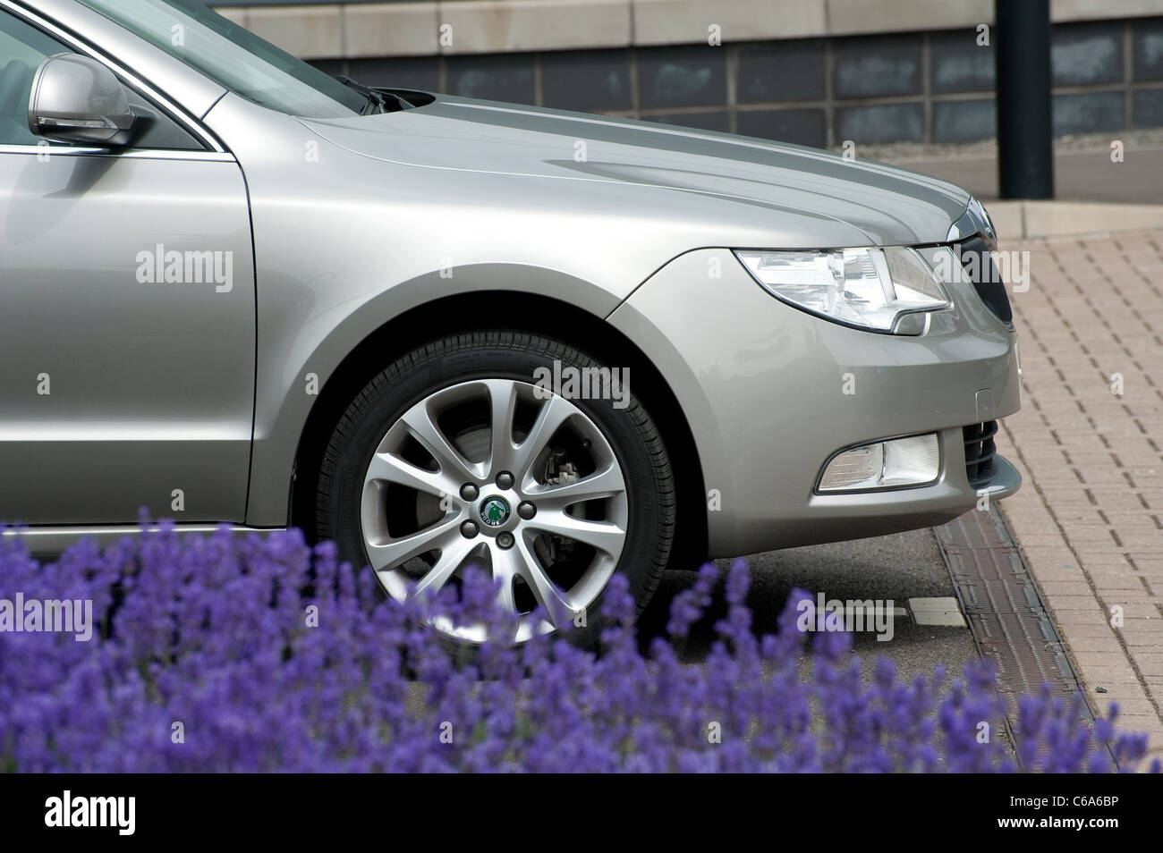 Nahaufnahme von der Vorderseite des Silber Skoda Superb Auto parkten außerhalb Büros in England. Stockfoto