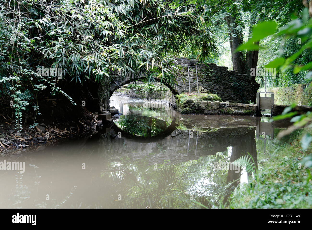 Eine alte Brücke über einen Fluss La Varenne (Orne, Normandie, Frankreich). Stockfoto