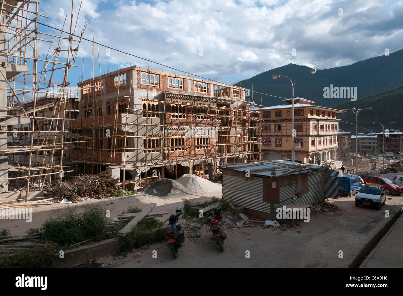 Baustelle des Wohnprojekt in Neustadt von Wangdue. Bhutan Stockfoto