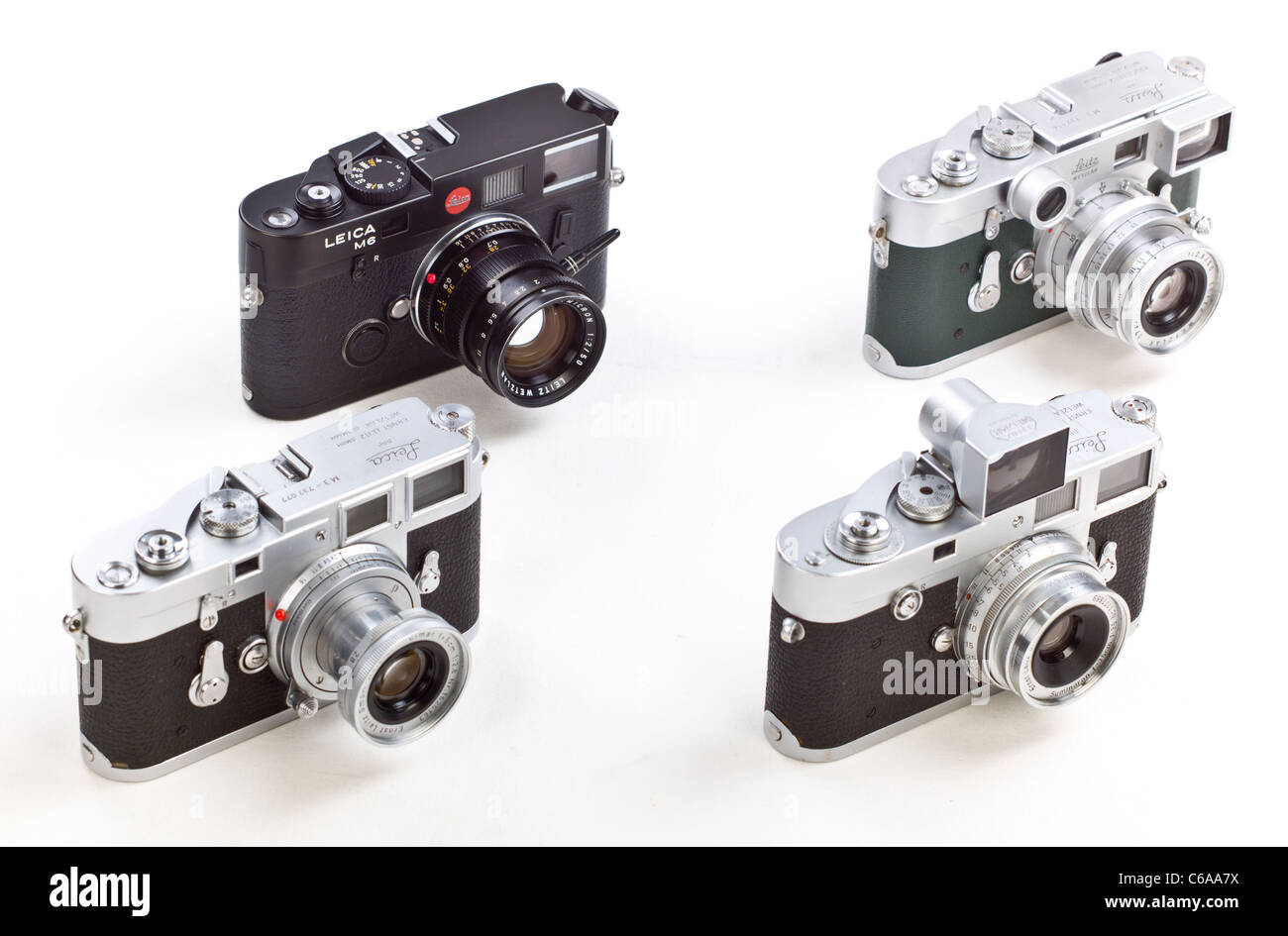 Gruppe von Leica Classic Leica Entfernungsmesser Kameras M2 M3 M6 Stockfoto