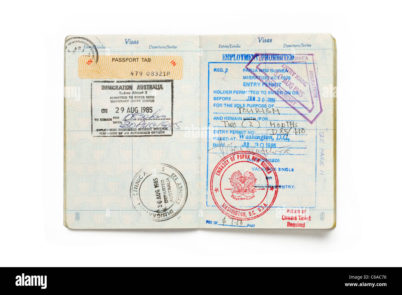 Gestempelt Reisepass und ein Visum Stockfoto