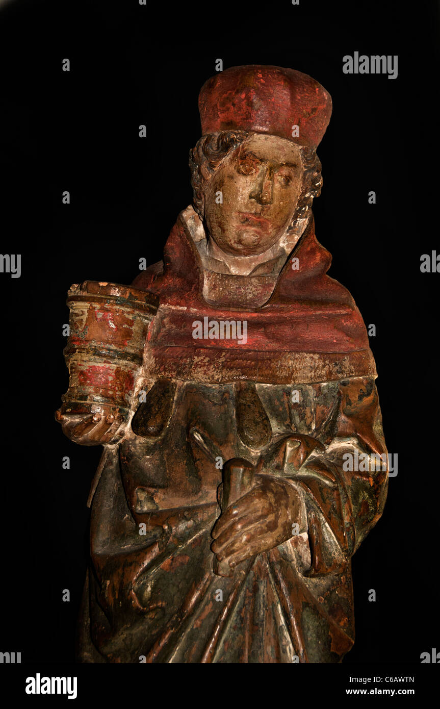 Der Heilige Damian 1475 als Chirurg Jar of Salbe Medizin Box trägt oder wie hier Stößel und Mortac Nord Frankreich Stockfoto