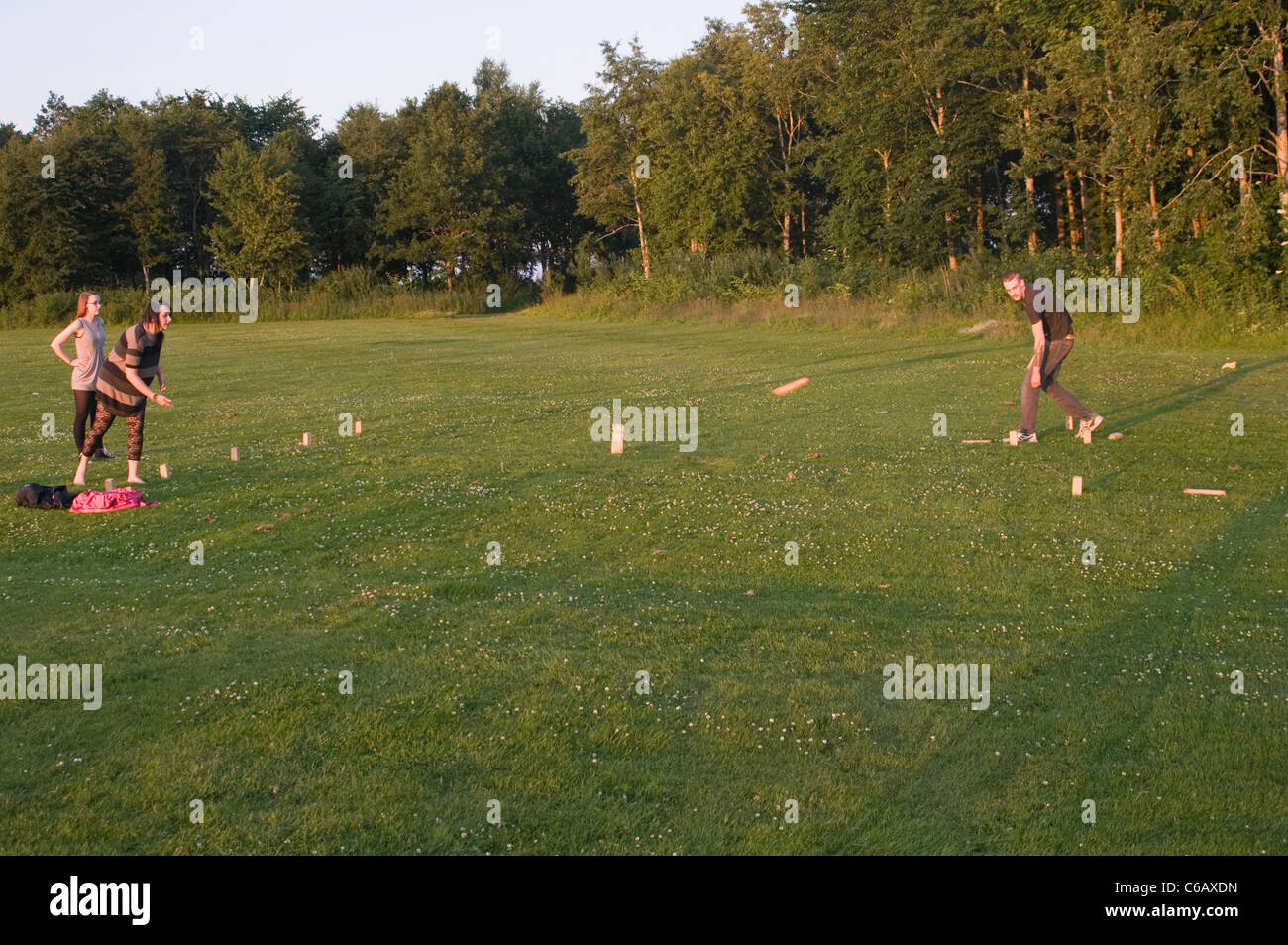 Kubb Schweden Schwedische Spiel Spiele traditionelle Menschen spielen Spieler im freien Bowling Hufeisen Fertigkeit Taktik taktischer qualifizierte Stockfoto