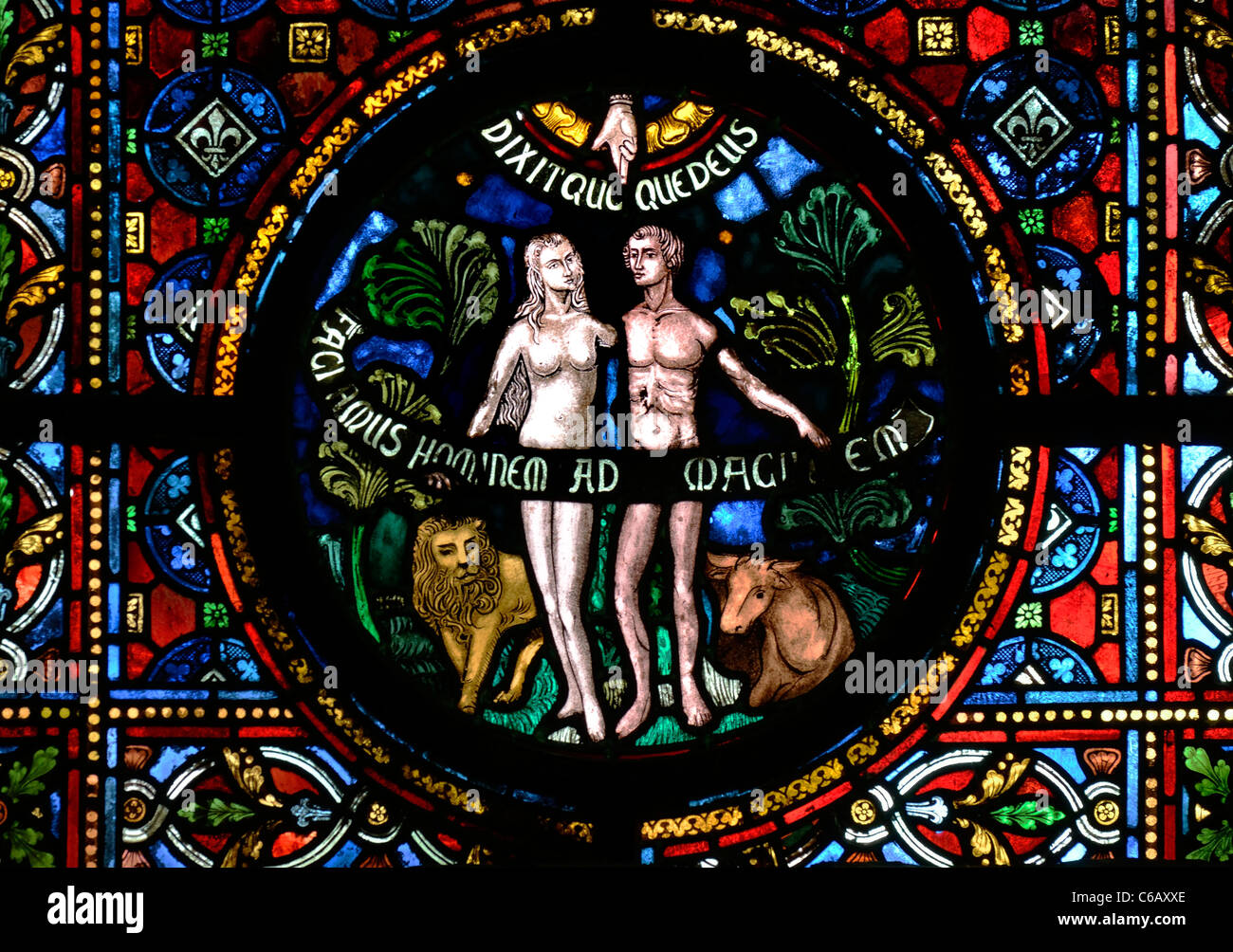 Dinant, Belgien. Eglise Notre-Dame. Glasmalerei-Fenster. Adam und Eva Stockfoto