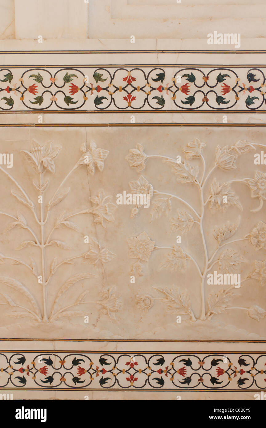 Detail der Marmor Inlay Taj Mahal Agra Indien hautnah Stockfoto