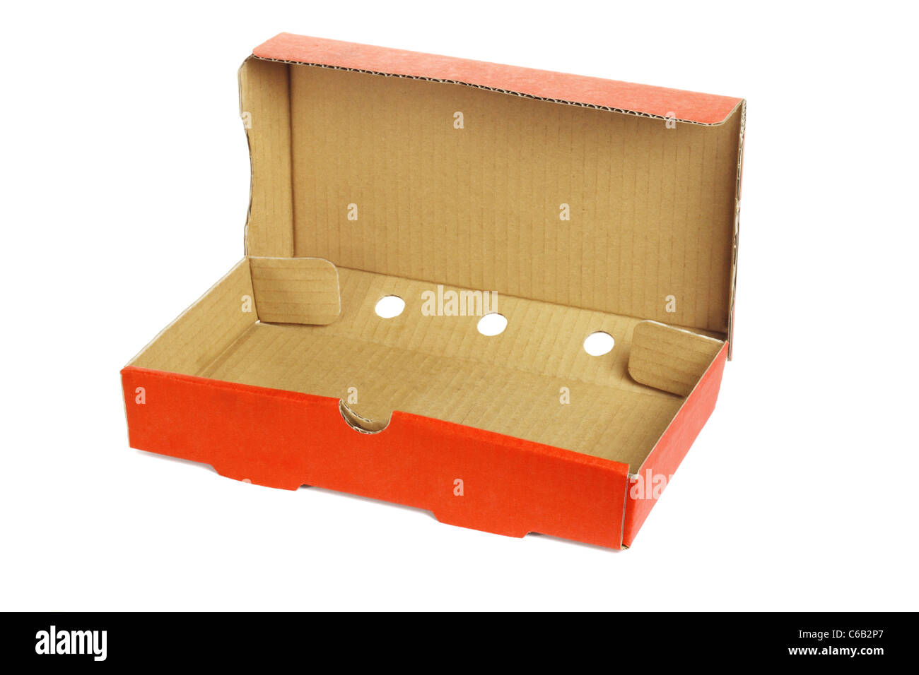 Rechteckige Form Take away Pizza-Schachtel auf weißem Hintergrund Stockfoto