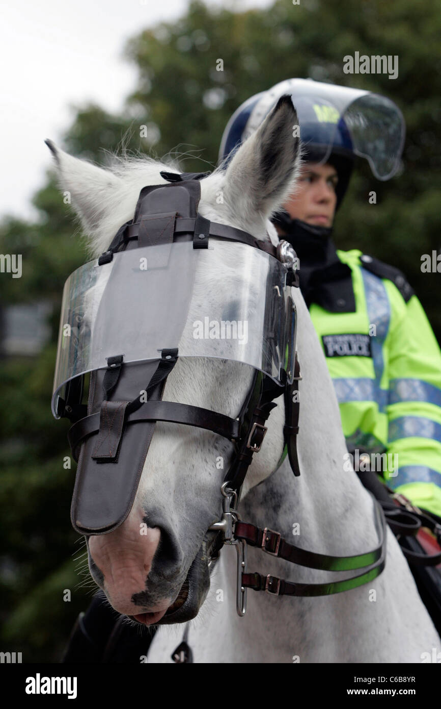 Eine berittene Polizistin Metropolitan Police und Pferd in voller Aufruhr Getriebe vor Chelsea Football Club, London. Stockfoto