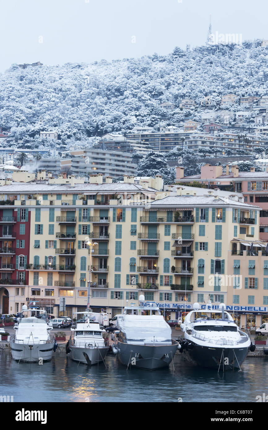 Schneebelandschaft auf dem Mont-Boron oberhalb der Marina von Nizza; ein eher seltenes Ereignis. Port Lympia, Nizza, Französische Riviera, Frankreich. Stockfoto