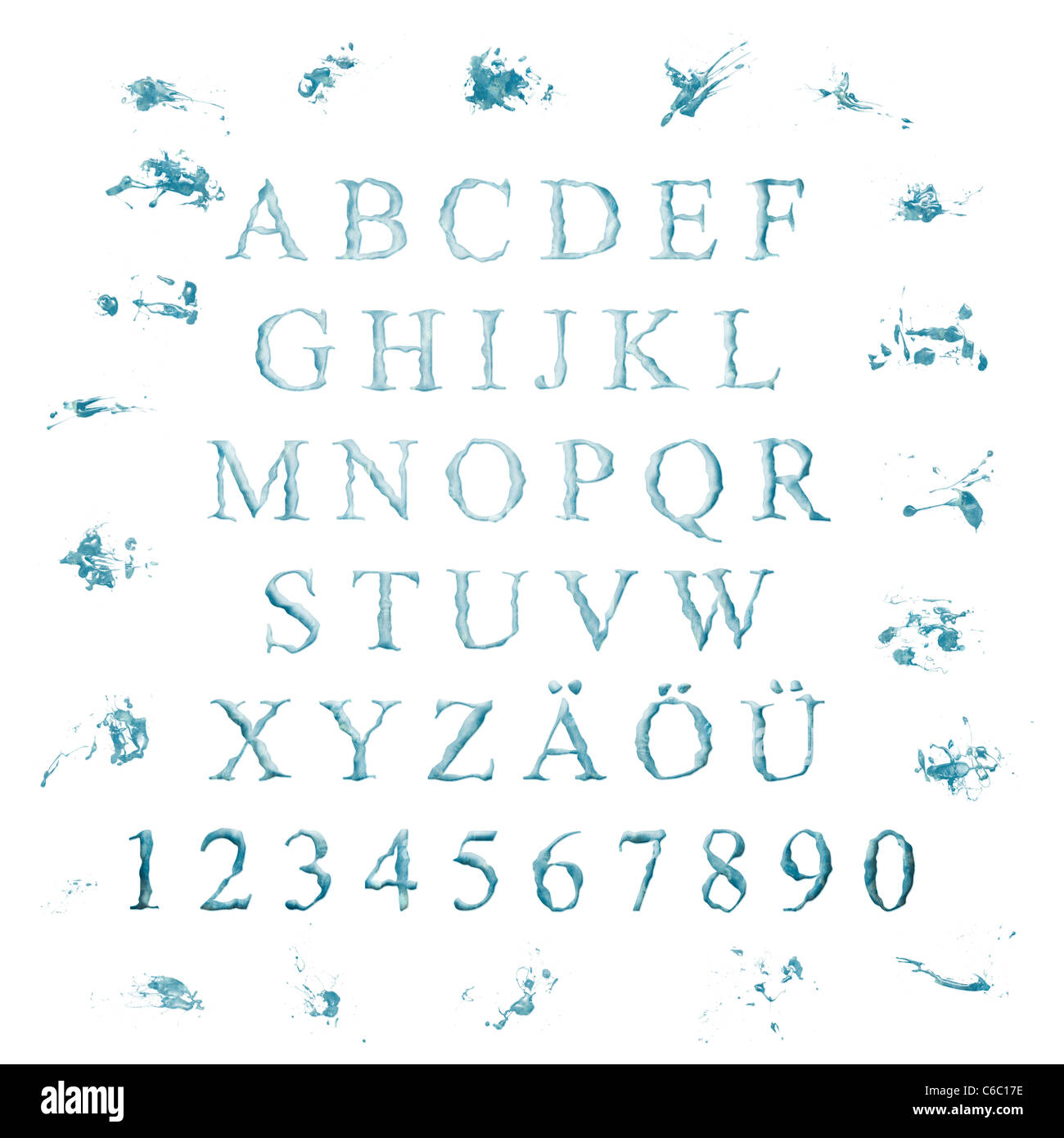 Einige Ein Paar Mit 7 Buchstaben Alphabet mit Wasser Buchstaben und einige Spritzer unterzeichnen