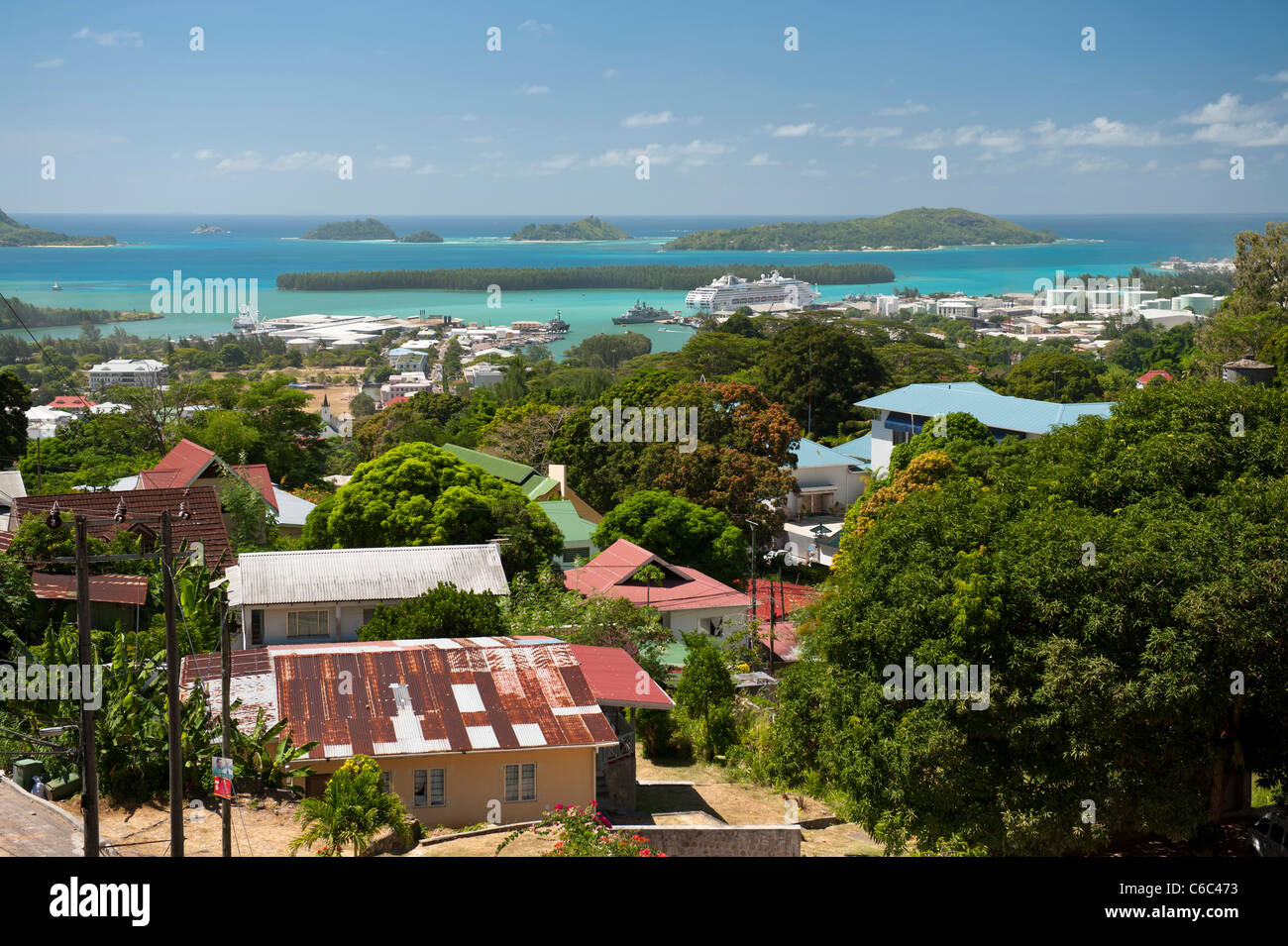 Ansicht von Port Victoria, Mahe, Seychellen Stockfoto