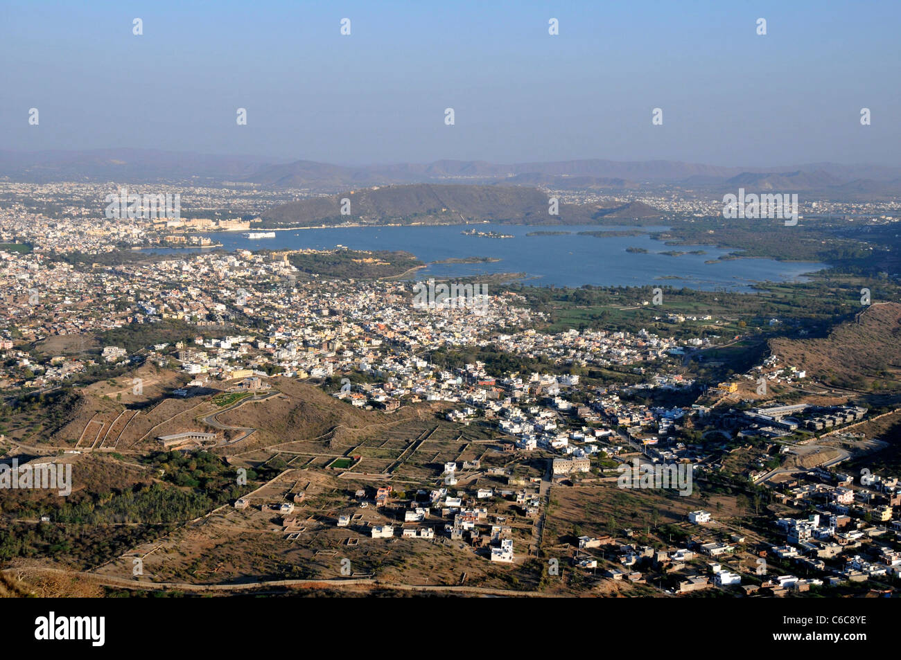Luftbild Pichola-See Udaipur Rajasthan Indien Stockfoto