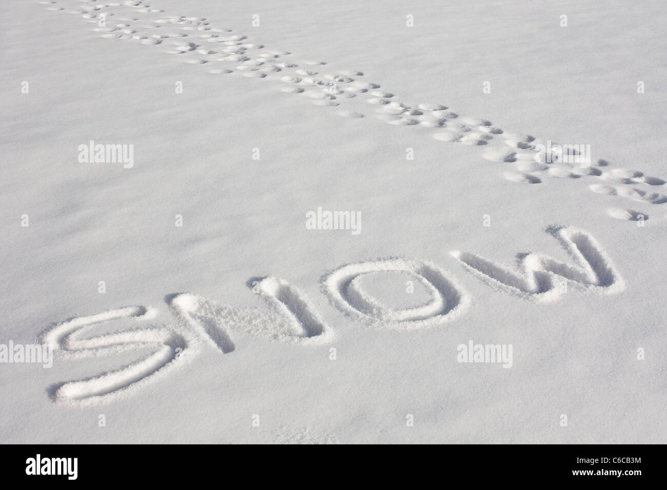 Das Wort "Schnee" eingeprägt in einem frisch verschneiten Feld neben Fußabdrücke unter hellem Sonnenlicht Stockfoto