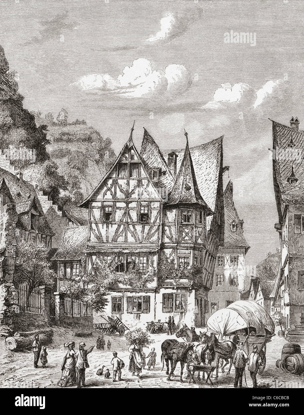Bacharach, aka Bacharach am Rhein, Rheinland-Pfalz, Deutschland im 19. Jahrhundert. Stockfoto