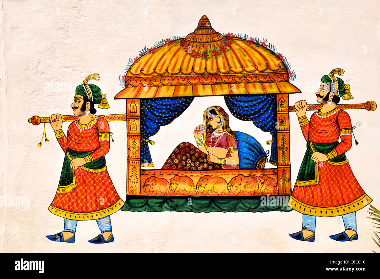Wandmalerei von einem Maharani von Trägern in einer Sänfte im City Palace Udaipur Rajasthan Indien durchgeführt werden Stockfoto