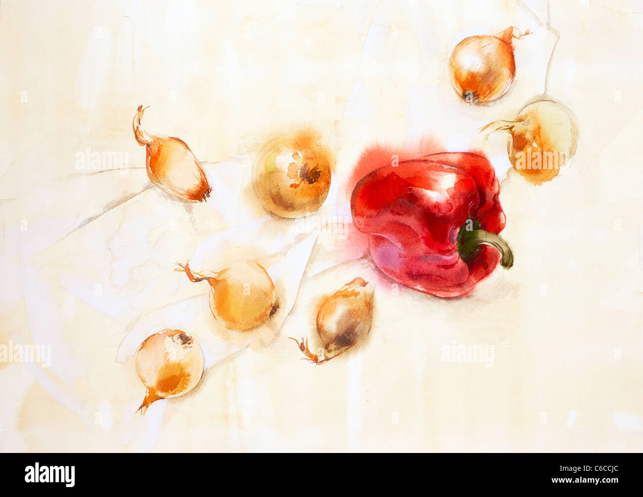 Paprika und Zwiebeln Papier. Aquarell. Künstler - Tanya Kazantseva, Belarus, Minsk. Erstellungsdatum - 2010 Stockfoto