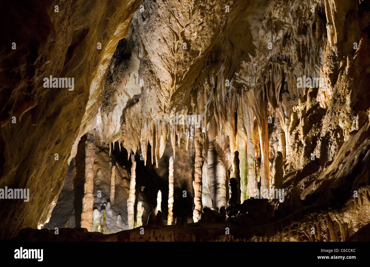 Stalaktiten und Stalagmiten in Kalkstein-Höhle der Grotten von Han-Sur