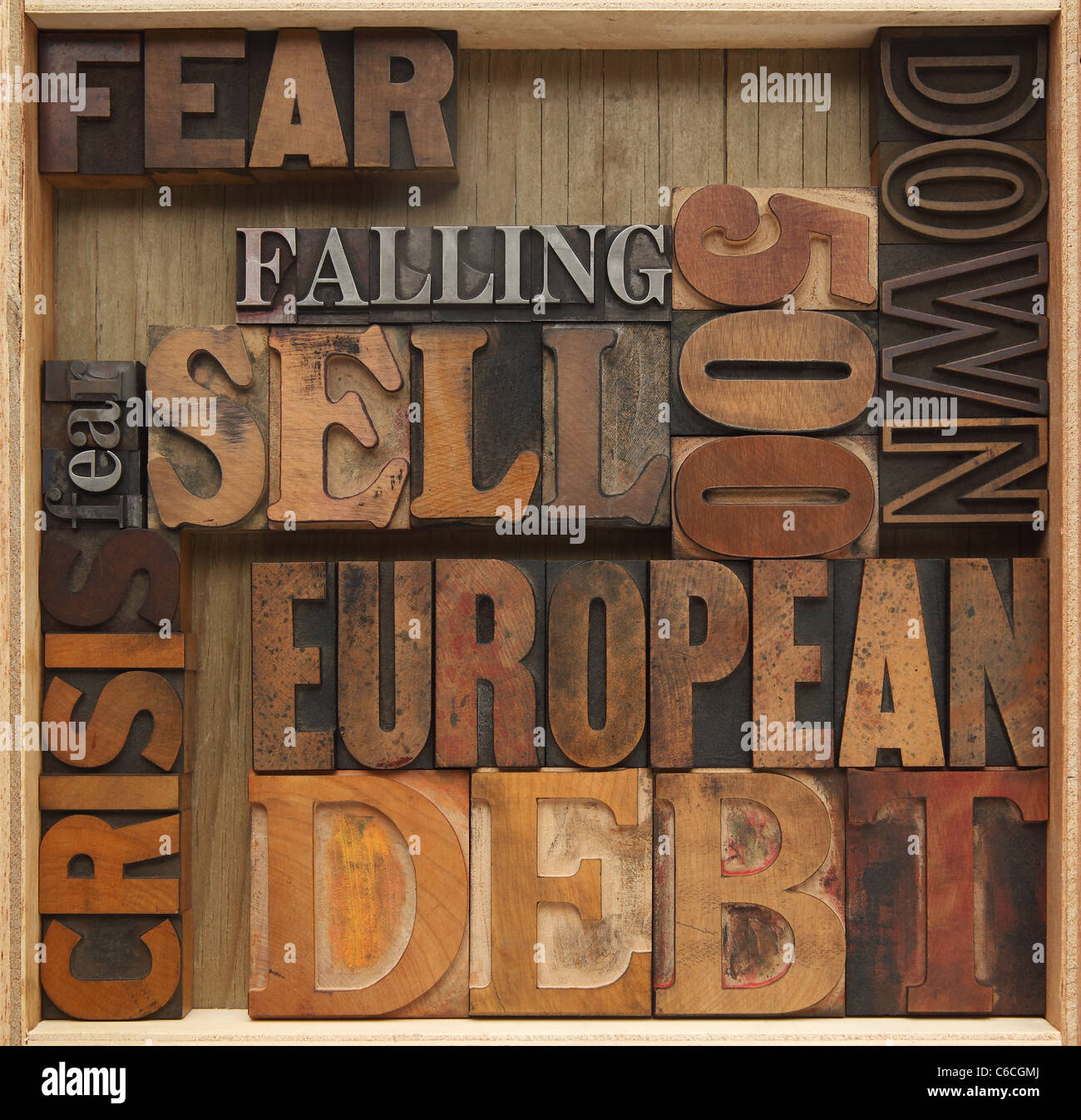 Wörter in Bezug auf europäische wirtschaftliche Schuldenprobleme Stockfoto