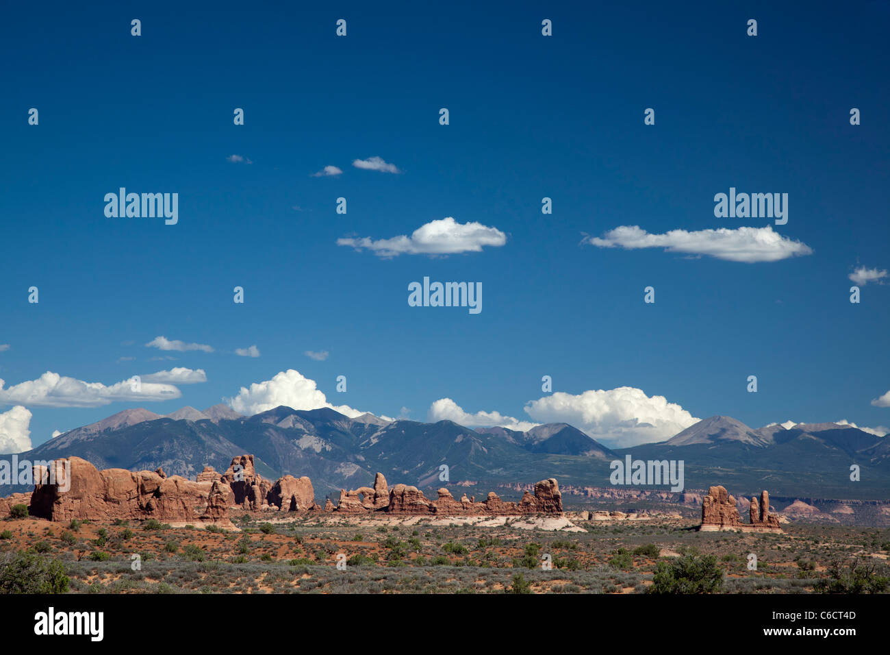 Moab, Utah - Arches-Nationalpark, die La Sal Mountains im Hintergrund. Stockfoto
