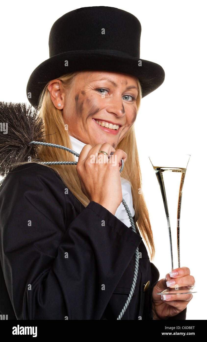 Frau als ein Schornsteinfeger. Glücksbringer zu Silvester und Neujahr. Stockfoto