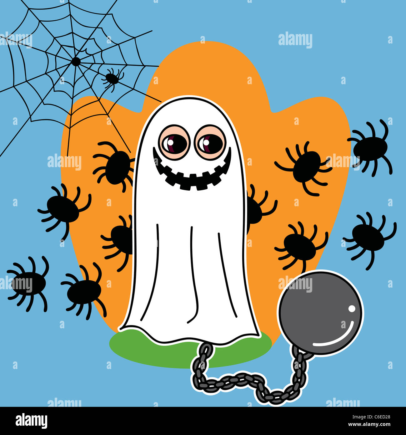 Junge mit lächelnden Geist und Kette Kostüm und Spinnen im Hintergrund an  halloween Stockfotografie - Alamy