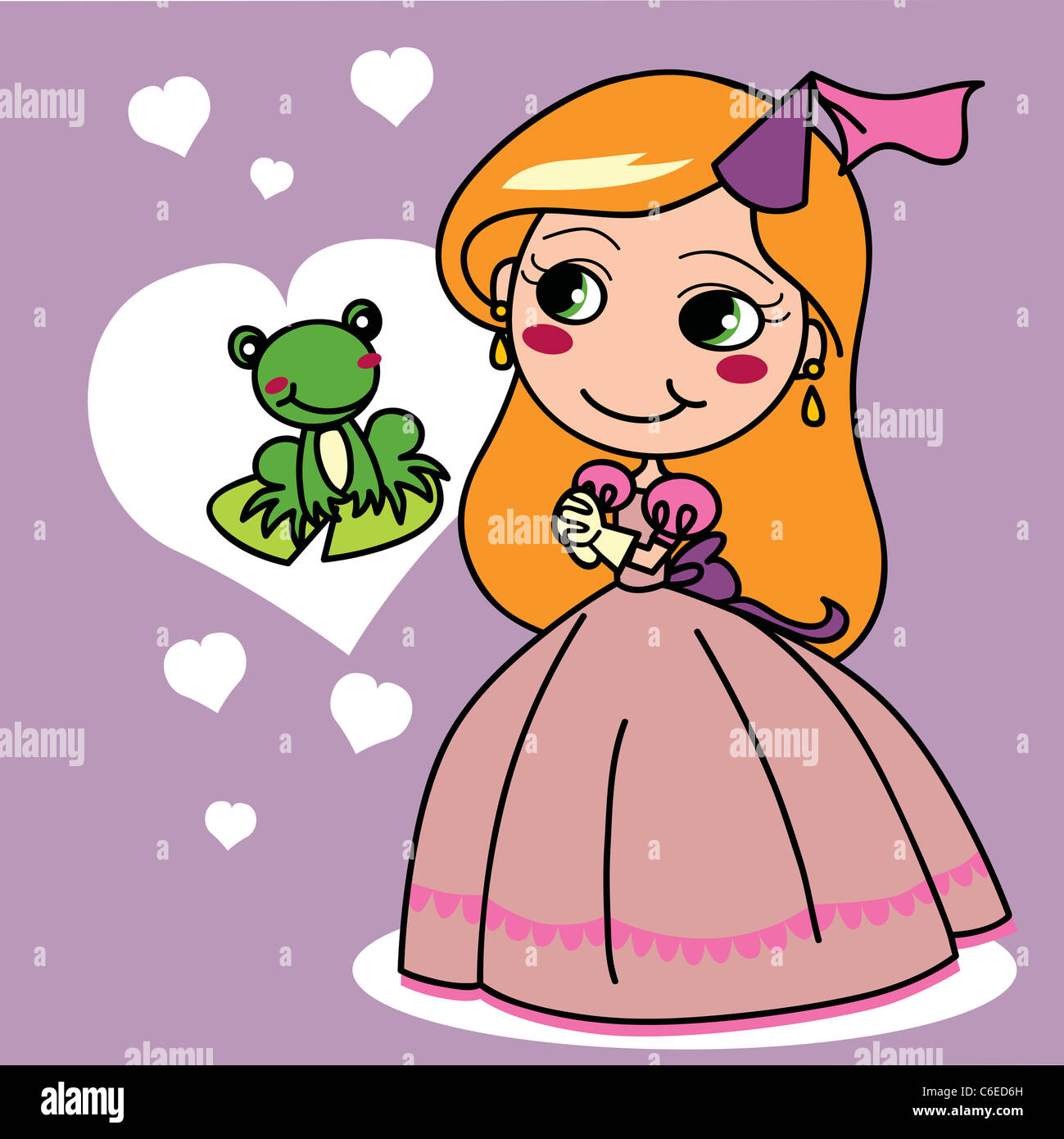 Niedliche Mädchen in rosa Prinzessin Kleid Froschkönig küssen wollen Stockfoto