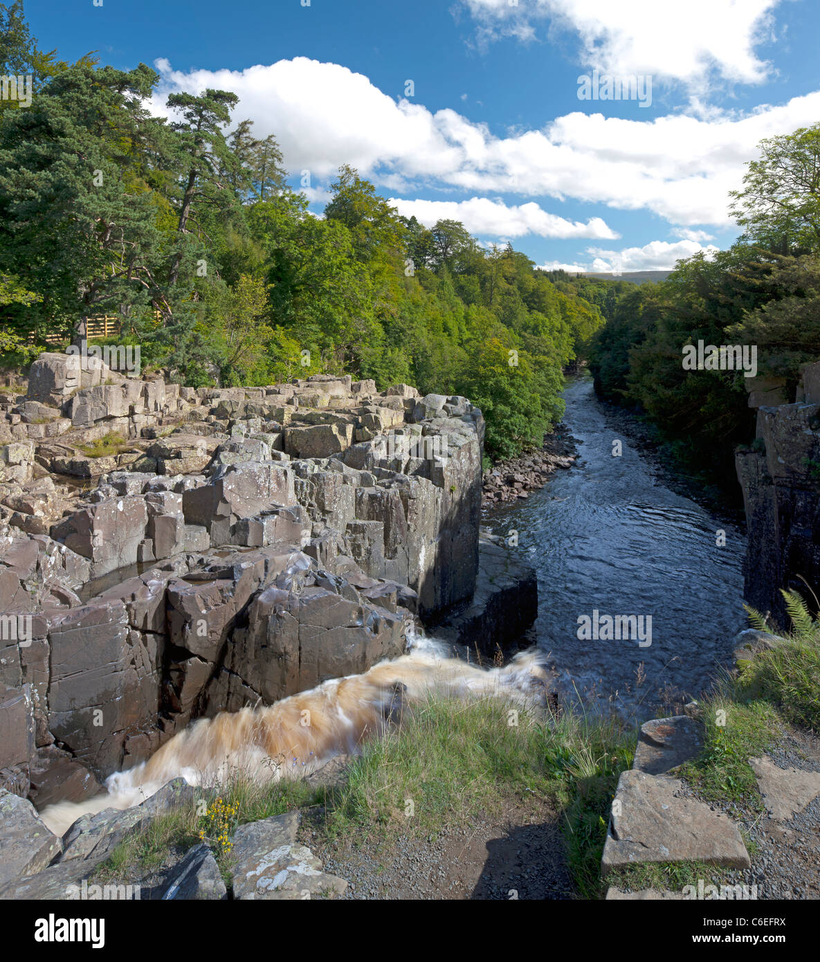 Sprudelnden Wasser des Flusses Tees, über hohe Kraft Wasserfall in Teesdale, County Durham Stockfoto