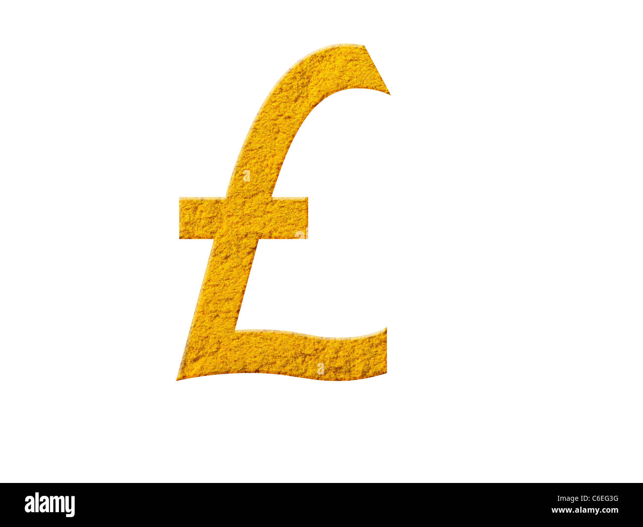 Studioaufnahme von Senf Pulver macht britische Pfund-Zeichen auf weißem Hintergrund Stockfoto