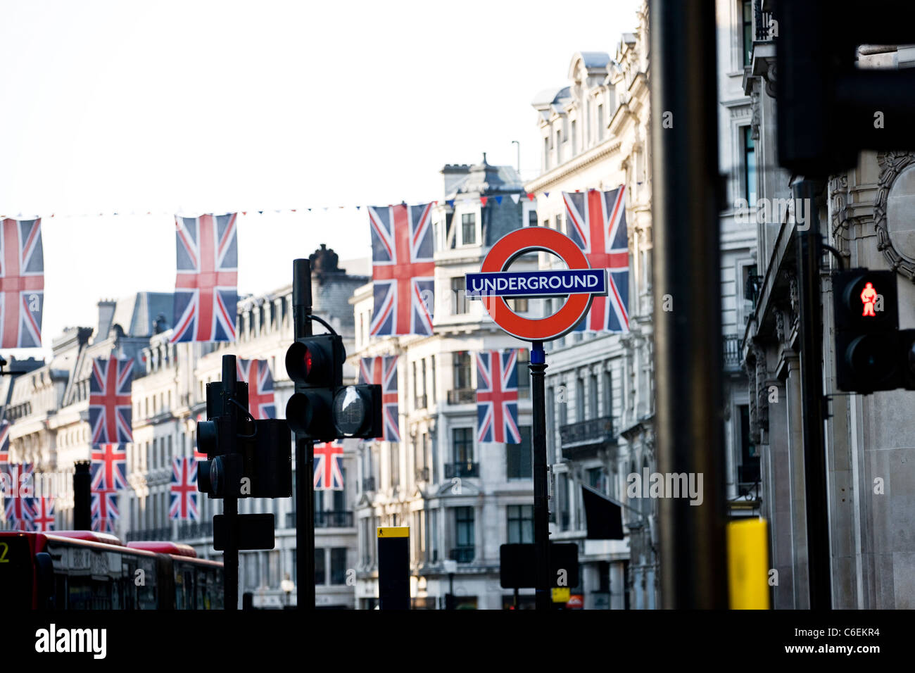 Union Jack-Flaggen hängen, Regent Street, London Stockfoto