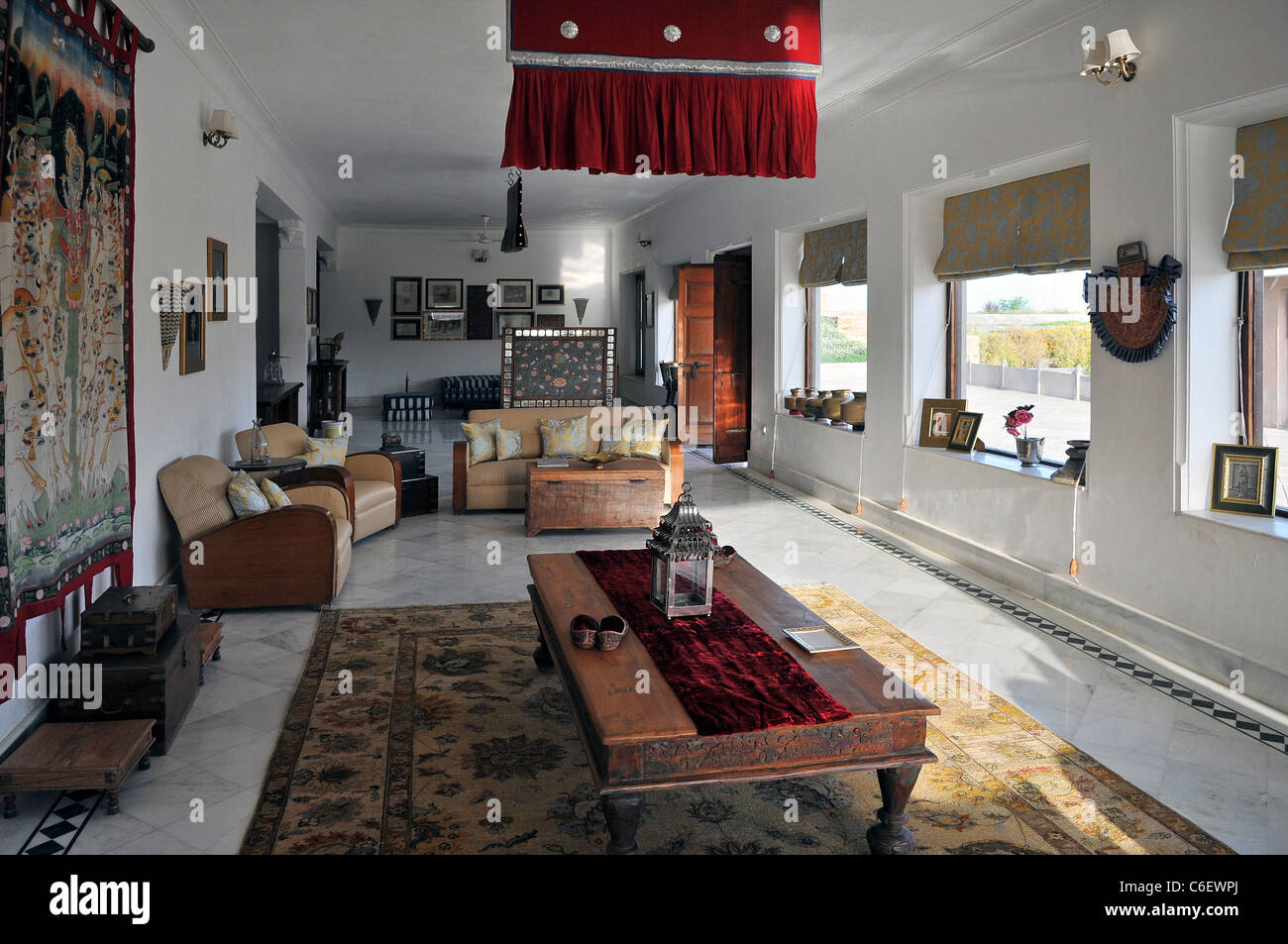 Empfangsraum Kaseh Bagh Hotel Jojawar Rajasthan Indien Stockfoto