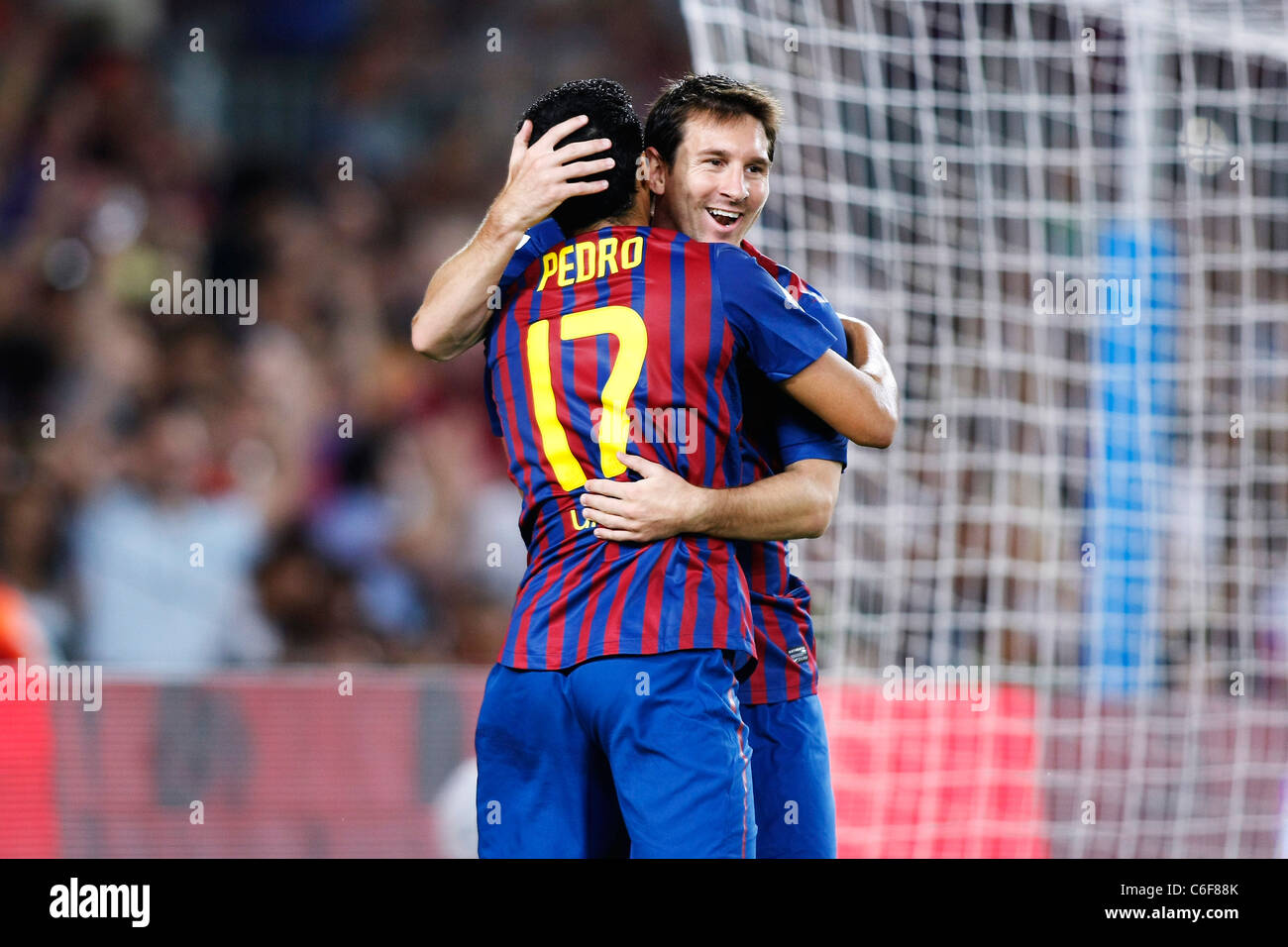 Pedro Rodriguez und Lionel Messi (Barcelona) feiert ihren Punkt für die Trofeo Joan Gamper-match zwischen FC Barcelona mit 5: 0 Napol Stockfoto