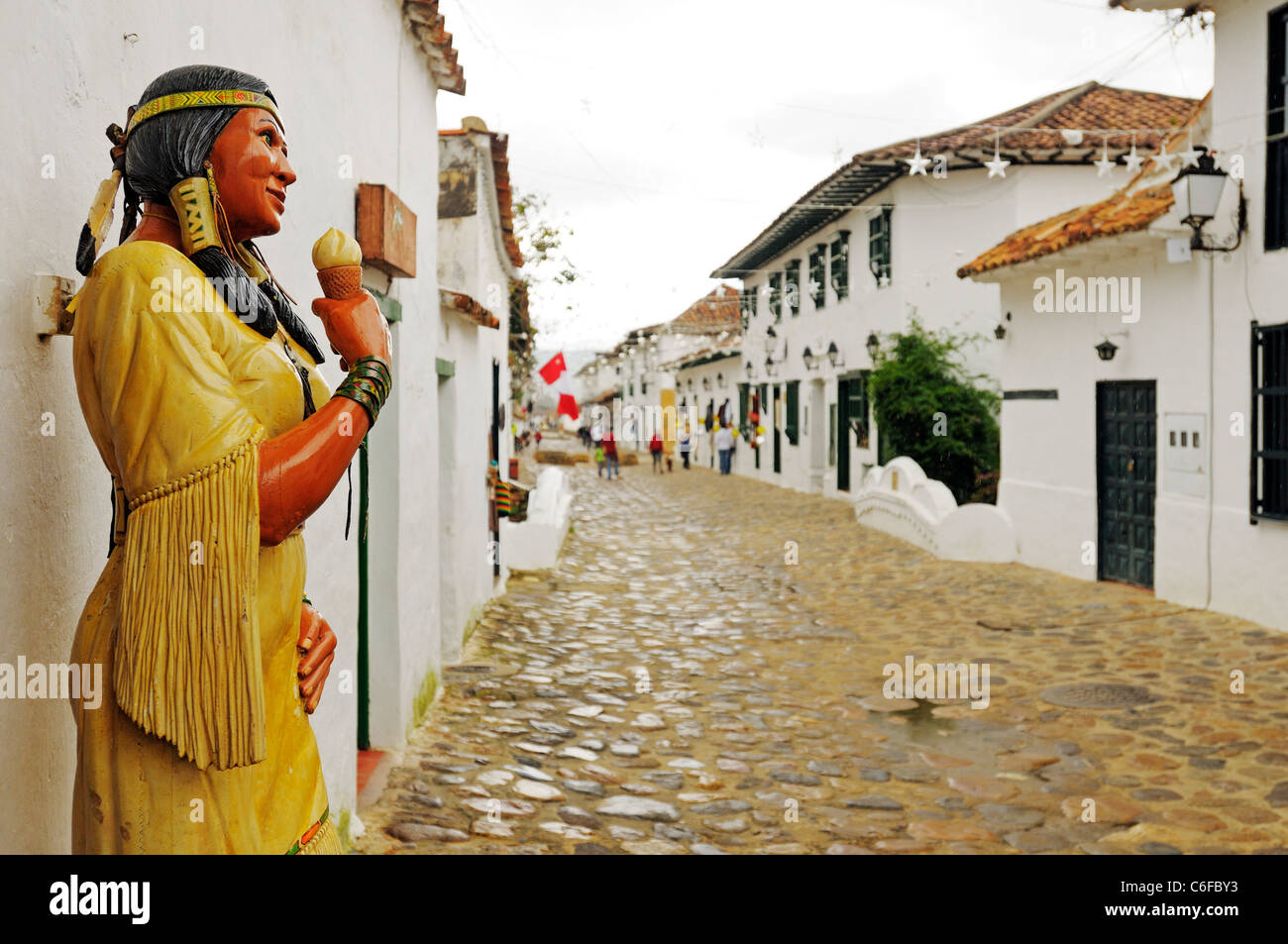 Indische Holzskulptur in kolonialen Villa de Leyva, Boyaca, Kolumbien Stockfoto Indische Holzskulptur in kolonialen Villa de Leyva, Boyaca, Kolumbien Stockfoto