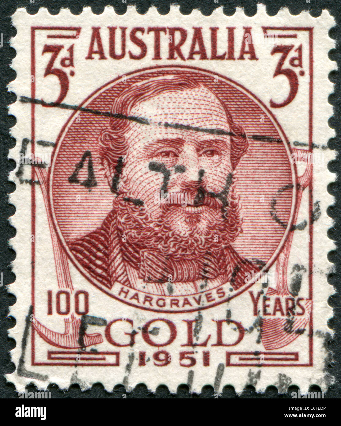 Australien - 1951: Eine Briefmarke gedruckt in Australien zeigt Edward Hammond Hargraves Stockfoto