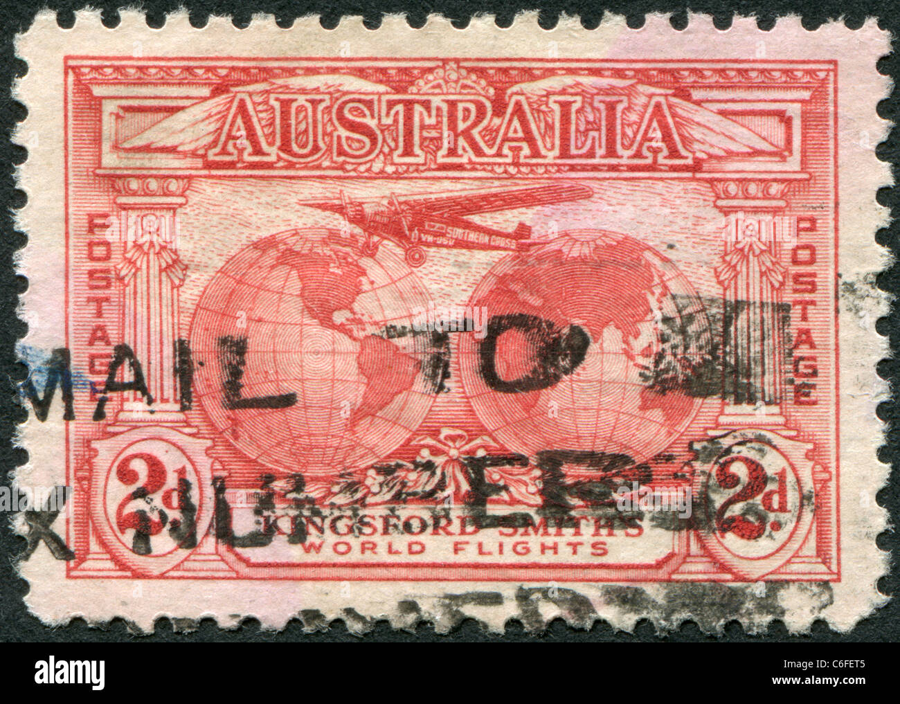 Australien - 1931: Eine Briefmarke gedruckt in Australien, widmet sich transozeanische Flüge von Sir Charles Edward Kingsford-Smith Stockfoto