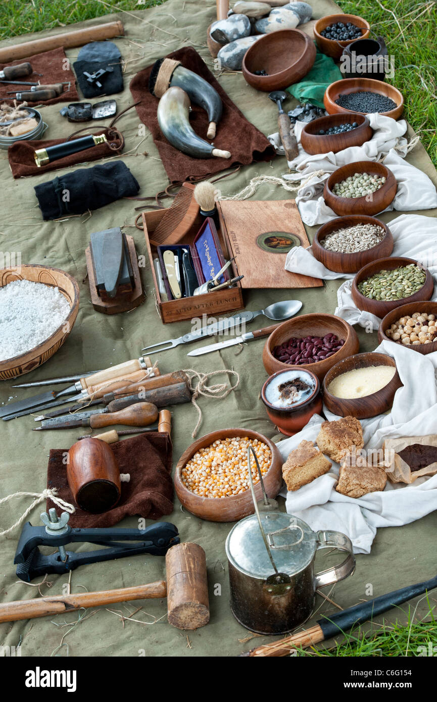 North American Longhunters Camp, 1735-1775. Re enactment. Großbritannien Stockfoto