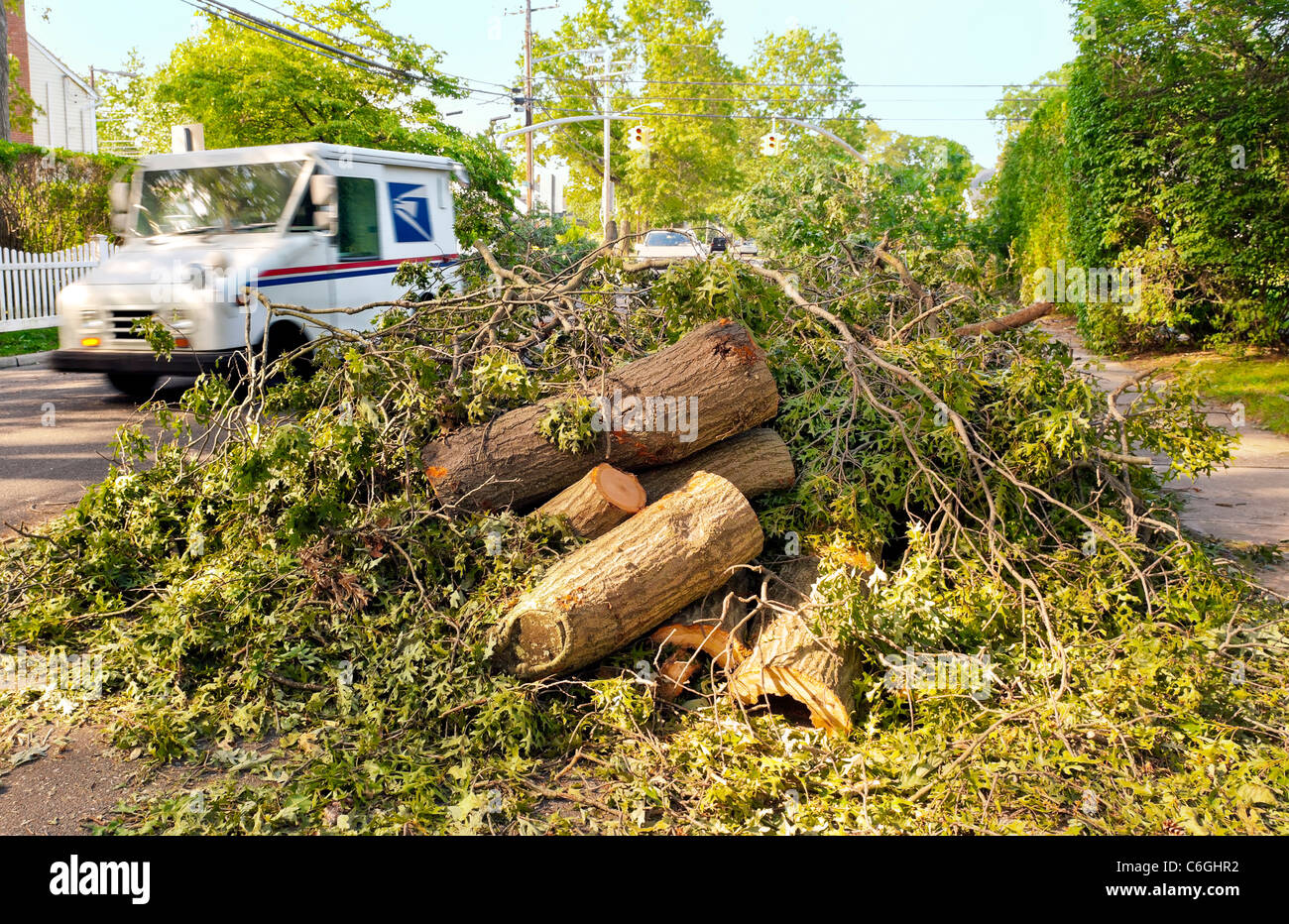 Tag nach Hurrikan Irene Long Island, USPS Mail LKW Hit-fahren rund um Baum, der fiel, Merrick, New York, 29. August 2011 Stockfoto