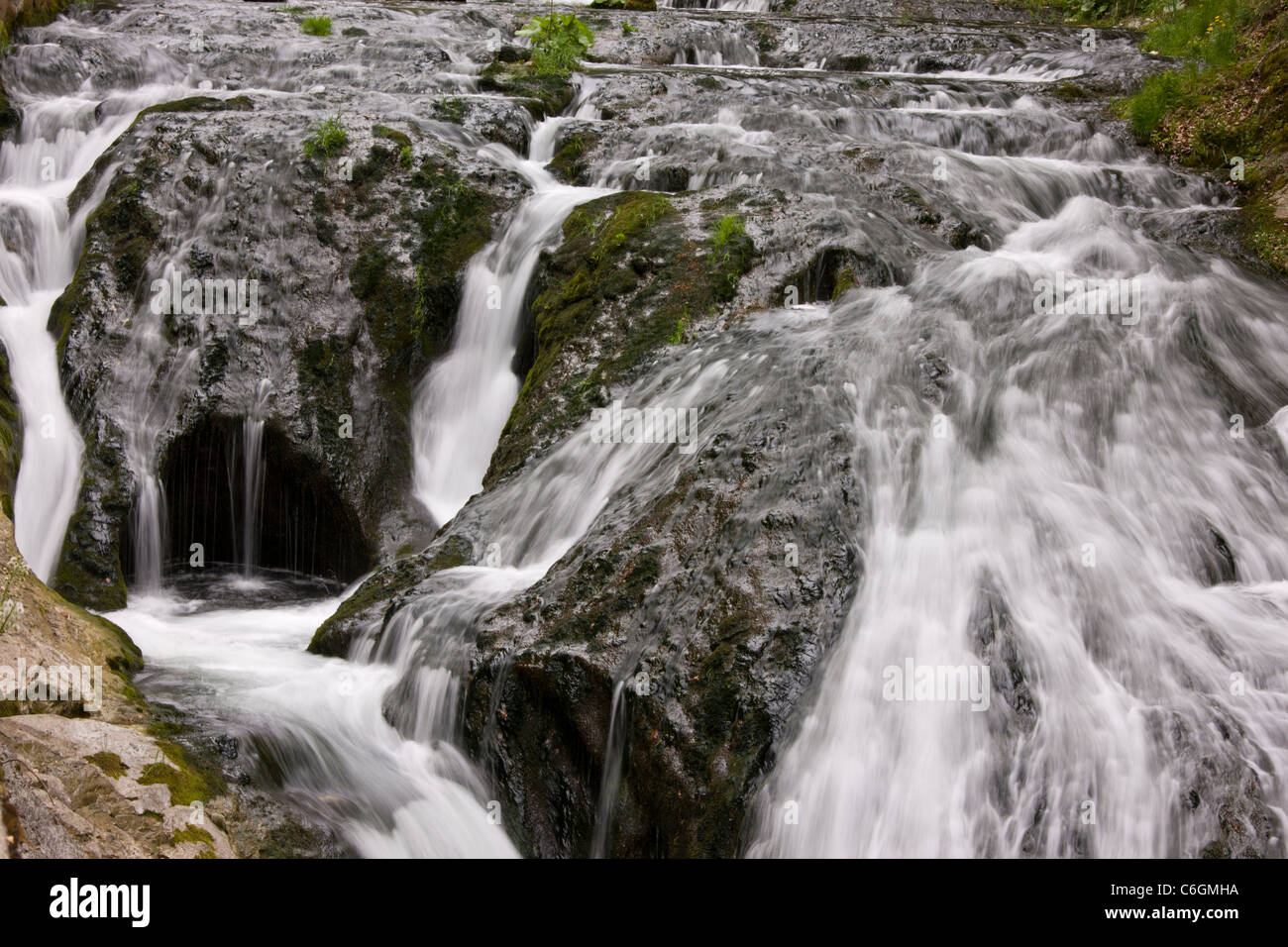 Kaskade über Marmor auf dem Fluss Trigrad, Trigrad-Schlucht, Rhodopi Gebirge, Bulgarien Stockfoto