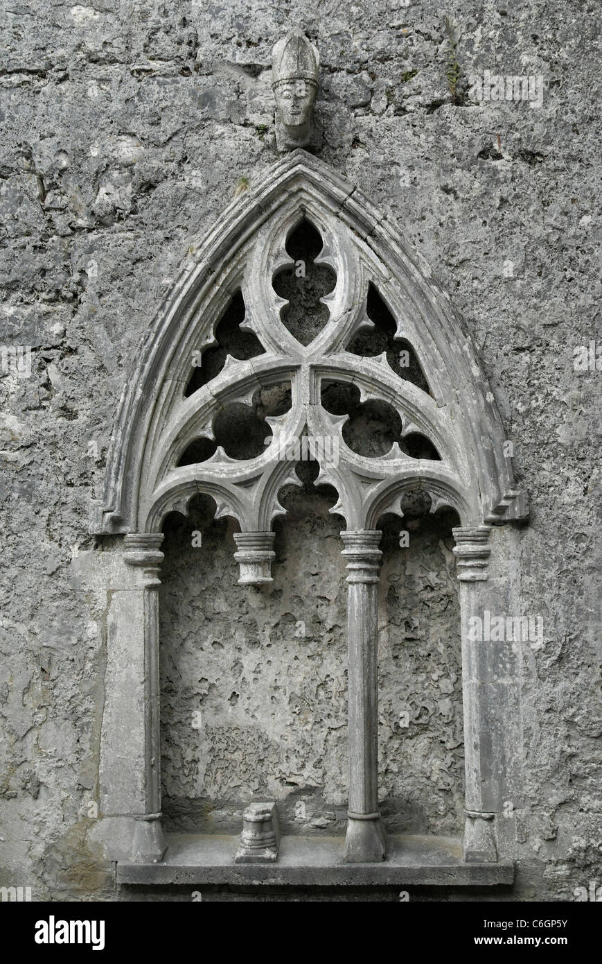 Spitzer Maßwerk und Bischöfe Kopf Schnitzen in Kilfenora Kathedrale Stockfoto