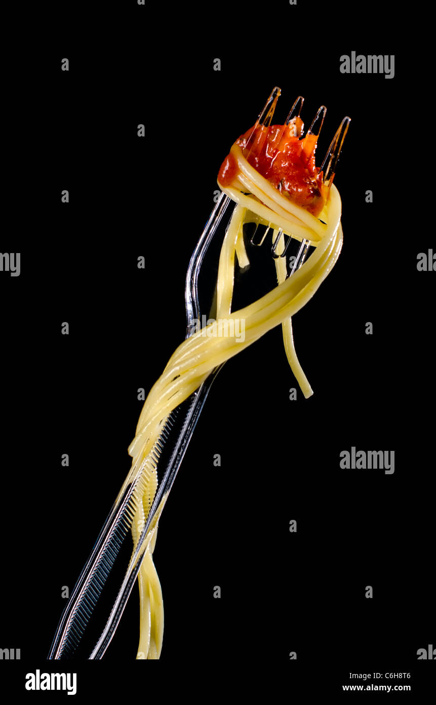 Spaghetti auf Gabel Stockfoto