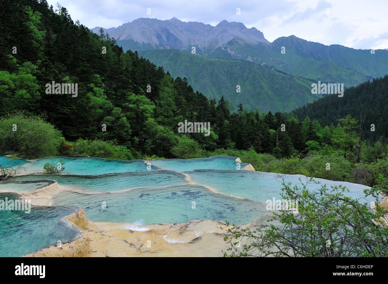 Travertin Terrasse Pools im Huanglong Naturschutzgebiet, ein UNESCO-Weltkulturerbe. Sichuan, China. Stockfoto