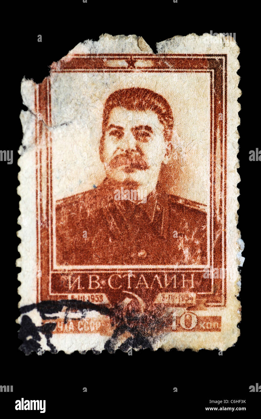 Nahaufnahme eines Poststempels mit Stalin-Porträt Stockfoto
