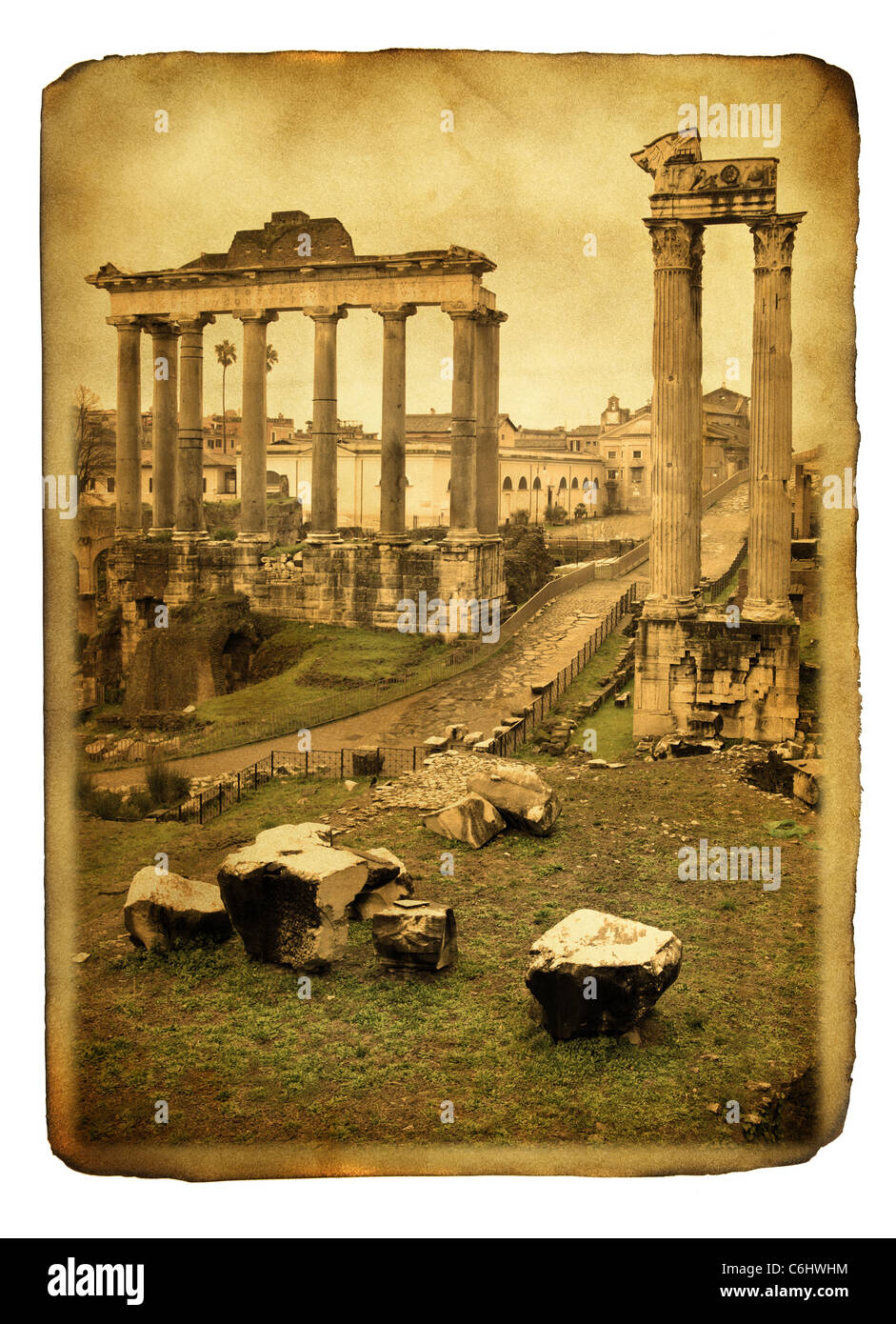 Alte Ansichtskarte (Nachahmung) mit den Ruinen des Forum Romanum Stockfoto