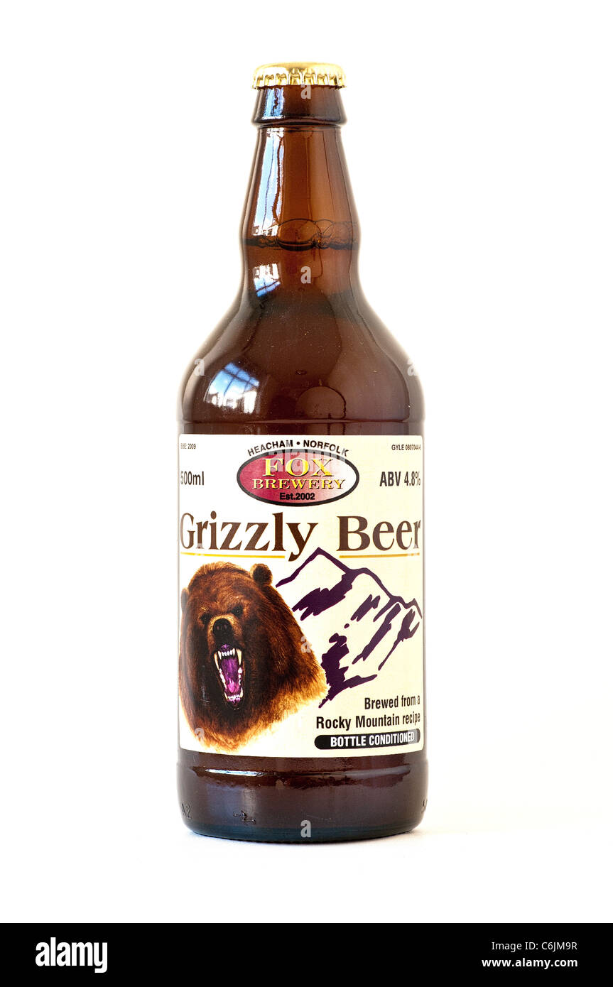 Flasche von englischen real Ale genannt GRIZZLY Bier von Fox-Brauerei Stockfoto