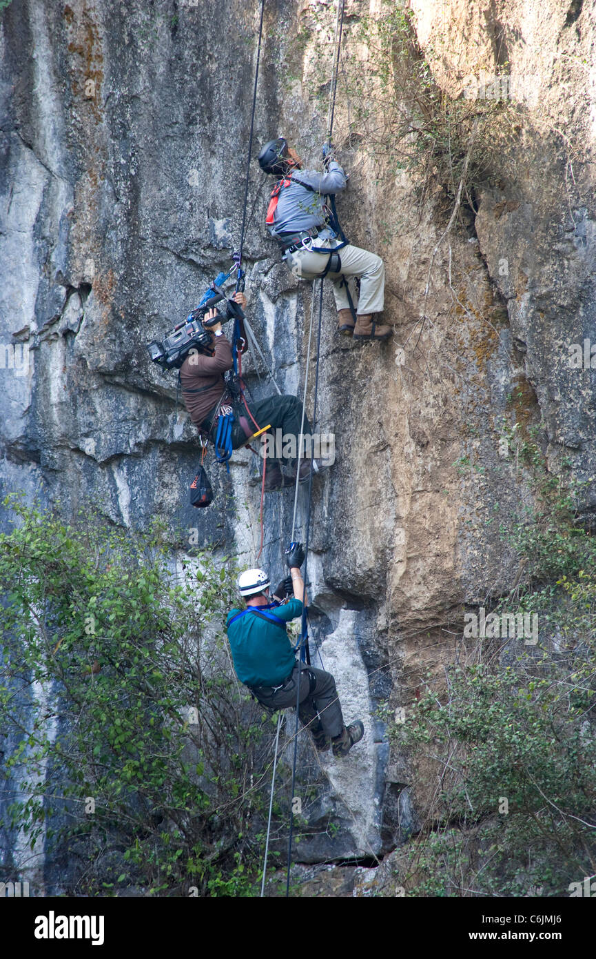 Präsident Felipe Calderon und Peter Greenberg steigen Sie hinab in die Höhle der Schwalben in Mexiko Stockfoto