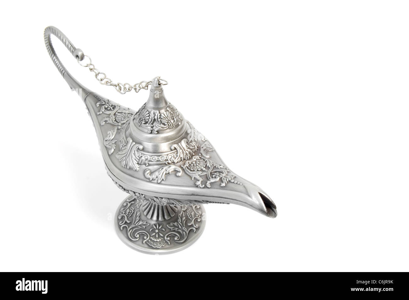 Aladins Wunderlampe, isoliert auf Weiss Silber Stockfoto