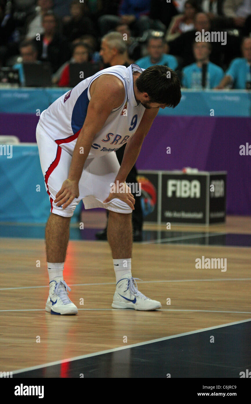 GB V Serbien Basketball in der Olympischen Arena in Stratford, London. Die Test-Event in der Vorbereitung für die nächsten Jahre Spiele. Stockfoto