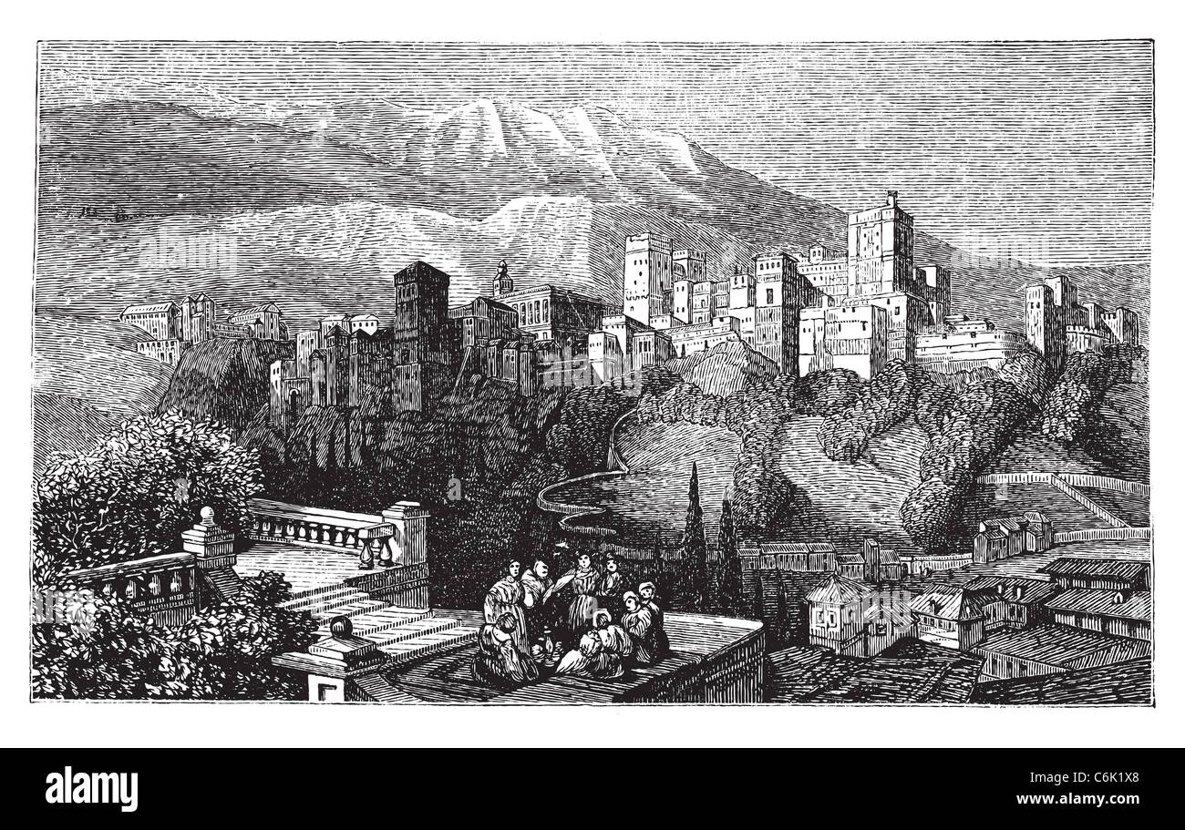Die Alhambra in Granada, Spanien. Alten Gravur um 1890, zeigt eine Gruppe von Menschen vor der Alhambra-Festung. Stockfoto