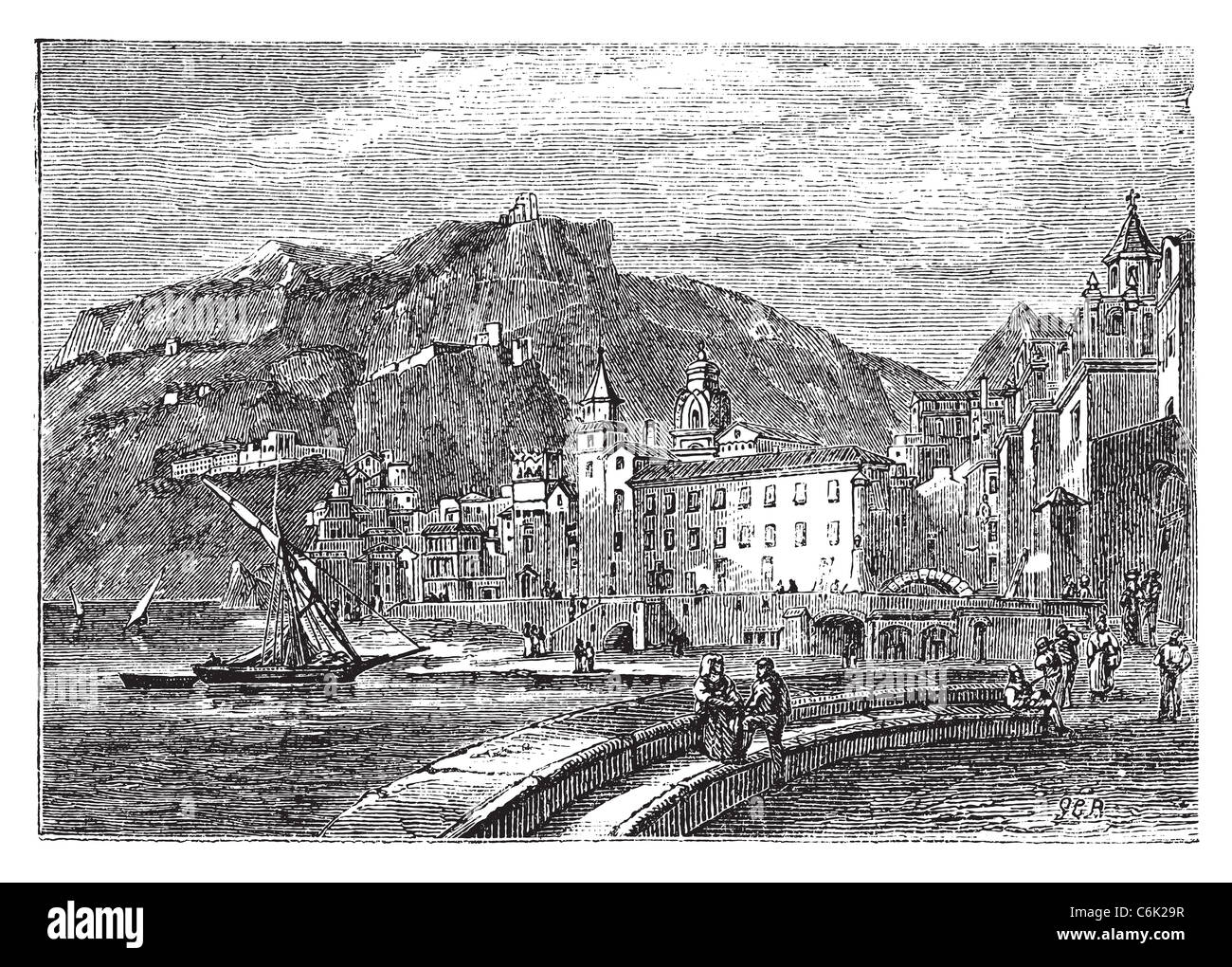 Amalfi im Jahre 1890, in der Provinz von Salemo, Italien. Vintage-Gravur. Stadt-Landschaft der Stadt Amalfi. Vektor-Illustration. Stockfoto