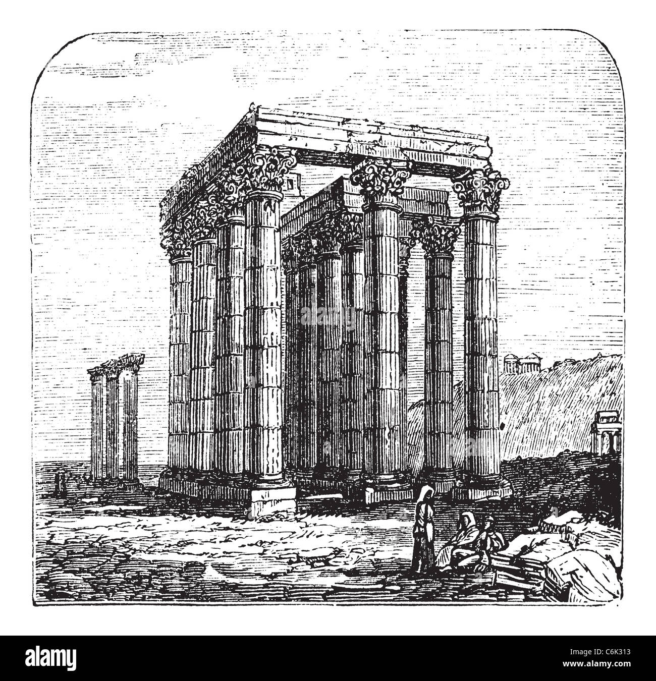 Der Tempel des Olympischen Zeus, Olympieion oder Spalten des Olympischen Zeus, Griechisch, Athen. Vintage-Gravur. Stockfoto