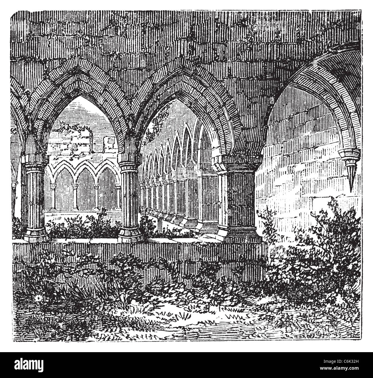 Gotischen Kreuzgang und Bogen in Kilconnel Abbey im County Galway, Irland. Alter Stich. Stockfoto
