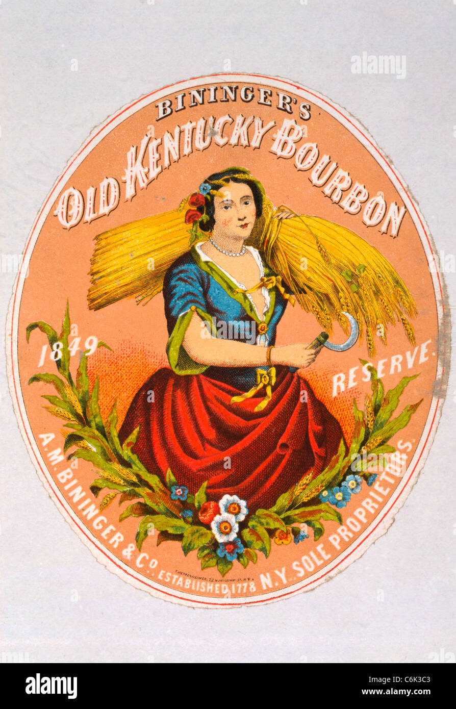 Bininger des alten Kentucky Bourbon, Uhr Bininger & Co., N.Y Einzelunternehmer / F. Heppenheimer, N.Y. 1860 Bourbon-Anzeige Stockfoto